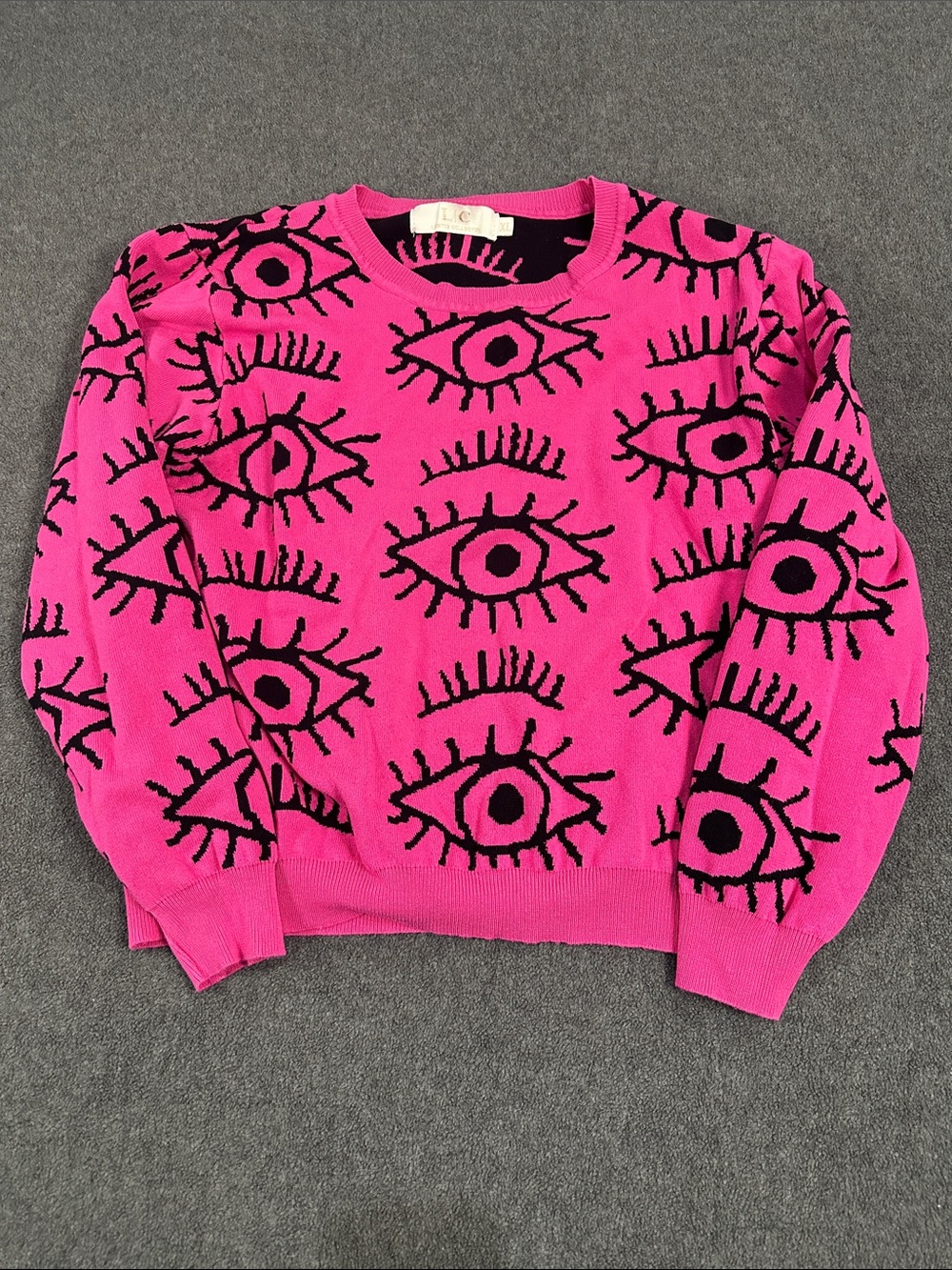 Hot Pink Eye-Pattern Crew Neck Sweater